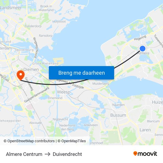 Almere Centrum to Duivendrecht map