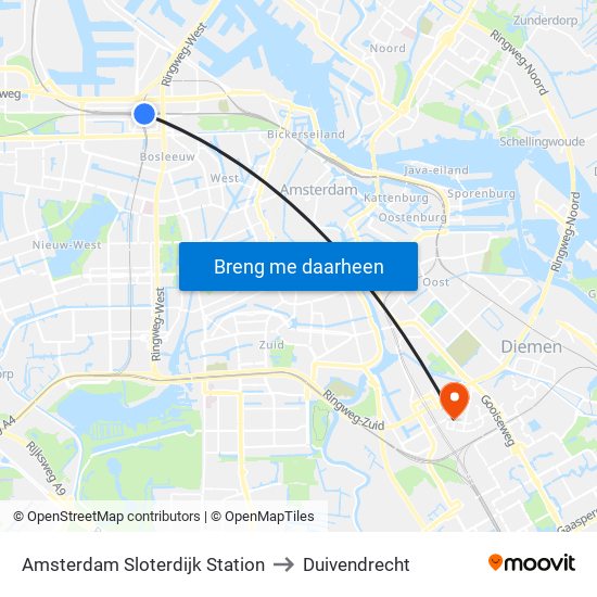 Amsterdam Sloterdijk Station to Duivendrecht map