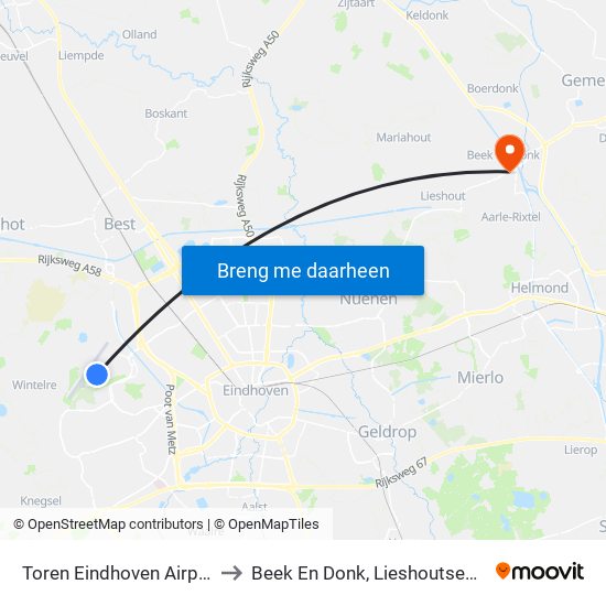 Toren Eindhoven Airport to Beek En Donk, Lieshoutseweg map