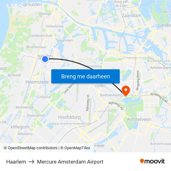 Haarlem to Mercure Amsterdam Airport map