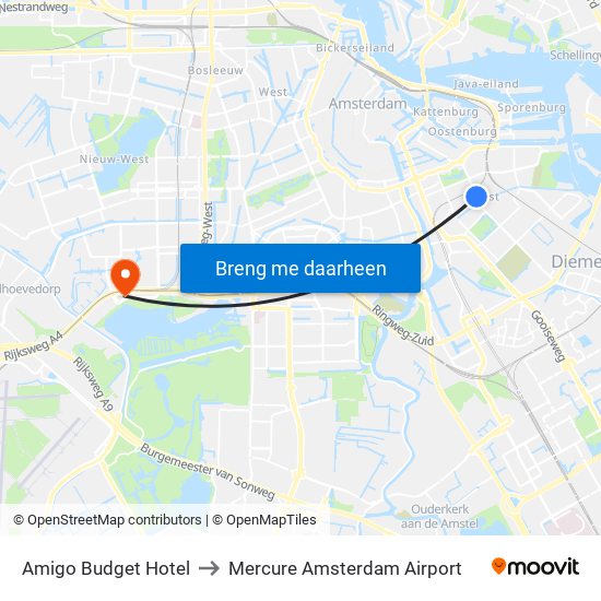 Amigo Budget Hotel to Mercure Amsterdam Airport map