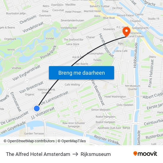 The Alfred Hotel Amsterdam to Rijksmuseum map