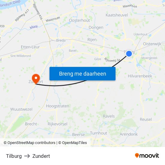 Tilburg to Zundert map