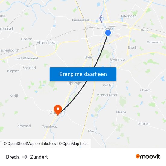 Breda to Zundert map