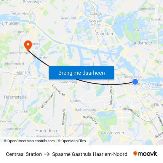 Centraal Station to Spaarne Gasthuis Haarlem-Noord map