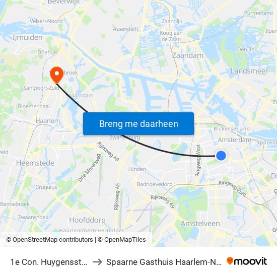1e Con. Huygensstraat to Spaarne Gasthuis Haarlem-Noord map