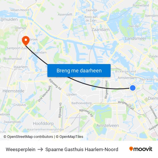 Weesperplein to Spaarne Gasthuis Haarlem-Noord map