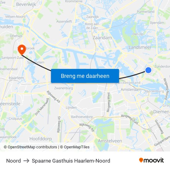 Noord to Spaarne Gasthuis Haarlem-Noord map