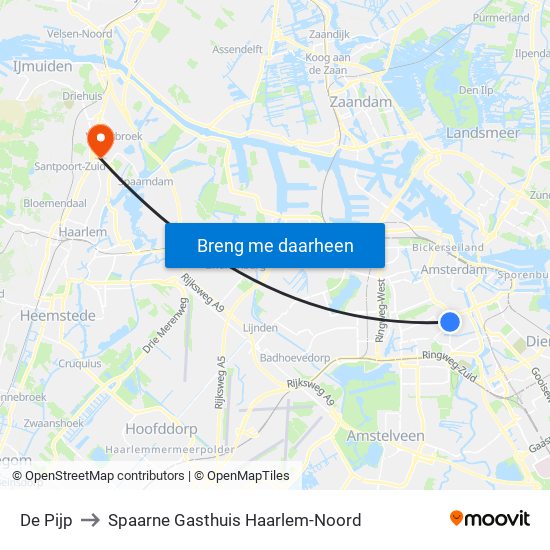 De Pijp to Spaarne Gasthuis Haarlem-Noord map