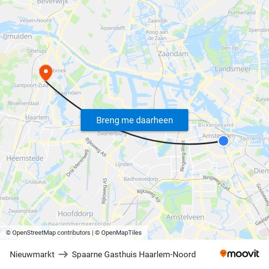 Nieuwmarkt to Spaarne Gasthuis Haarlem-Noord map