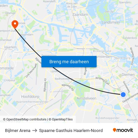 Bijlmer Arena to Spaarne Gasthuis Haarlem-Noord map