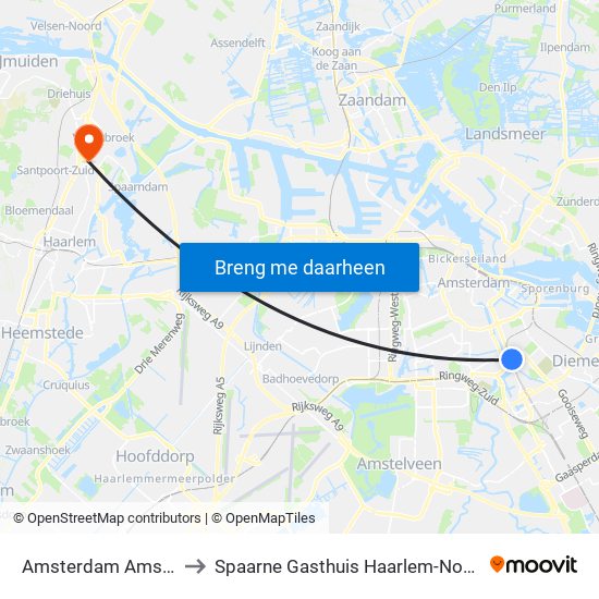Amsterdam Amstel to Spaarne Gasthuis Haarlem-Noord map