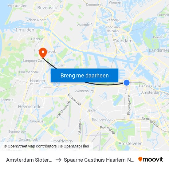 Amsterdam Sloterdijk to Spaarne Gasthuis Haarlem-Noord map
