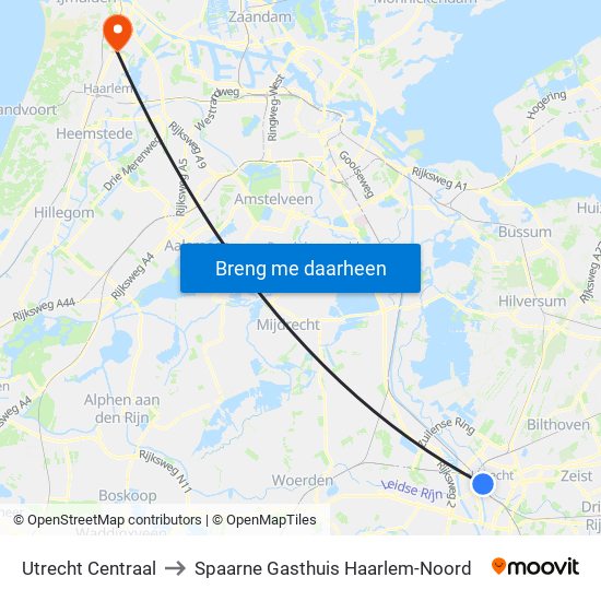 Utrecht Centraal to Spaarne Gasthuis Haarlem-Noord map