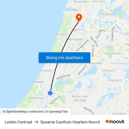 Leiden Centraal to Spaarne Gasthuis Haarlem-Noord map