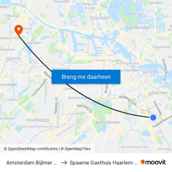 Amsterdam Bijlmer Arena to Spaarne Gasthuis Haarlem-Noord map