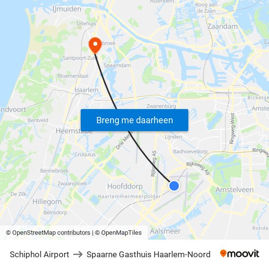 Schiphol Airport to Spaarne Gasthuis Haarlem-Noord map