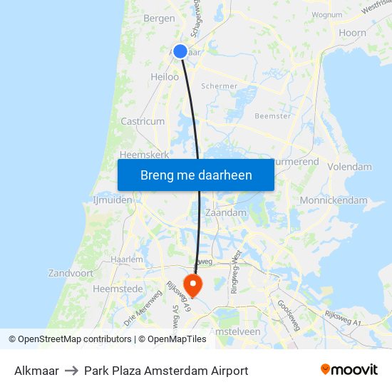 Alkmaar to Park Plaza Amsterdam Airport map