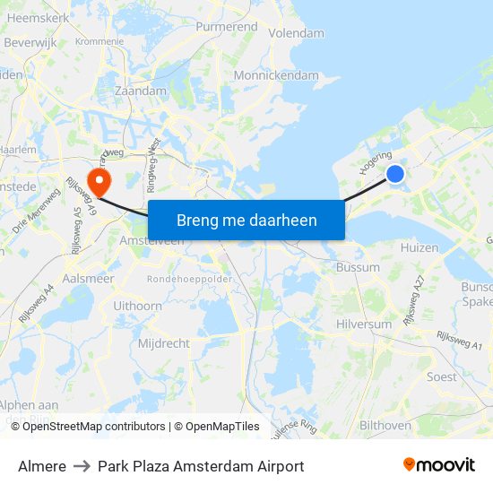 Almere to Park Plaza Amsterdam Airport map