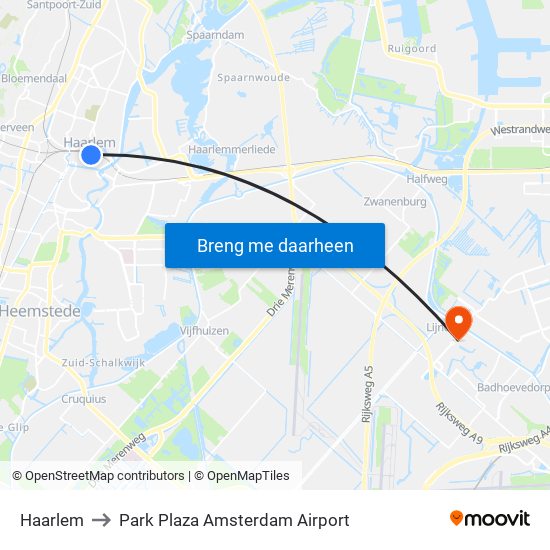 Haarlem to Park Plaza Amsterdam Airport map