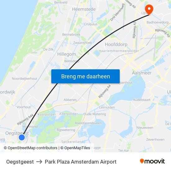 Oegstgeest to Park Plaza Amsterdam Airport map