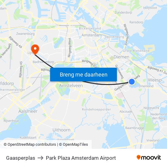 Gaasperplas to Park Plaza Amsterdam Airport map