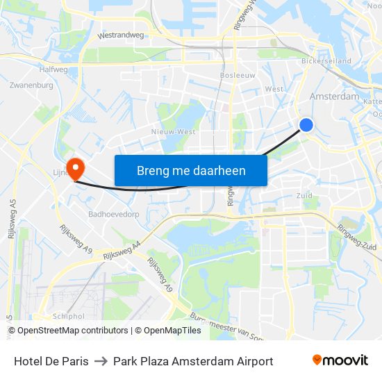 Hotel De Paris to Park Plaza Amsterdam Airport map