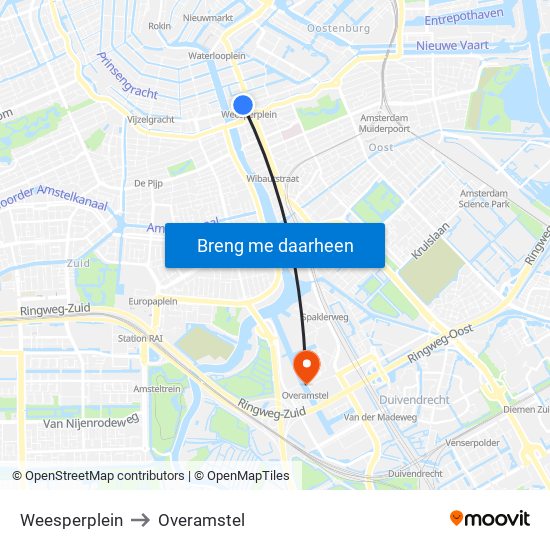 Weesperplein to Overamstel map