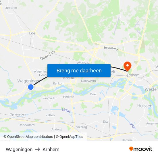 Wageningen to Arnhem map