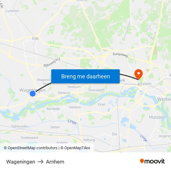 Wageningen to Arnhem map