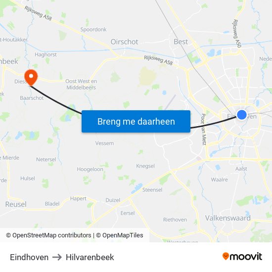 Eindhoven to Hilvarenbeek map