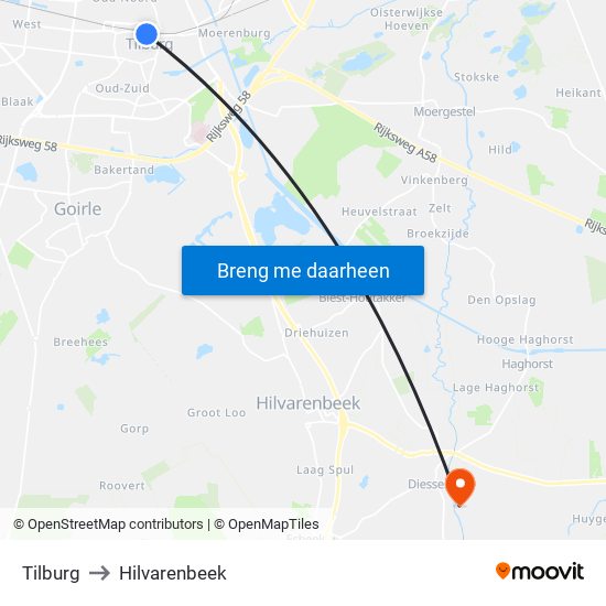 Tilburg to Hilvarenbeek map