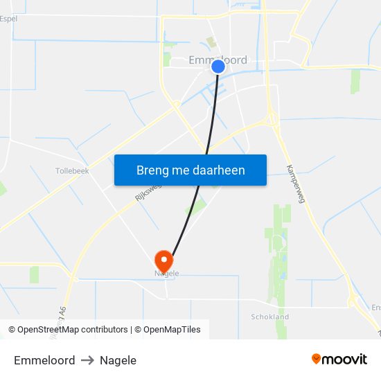 Emmeloord to Nagele map