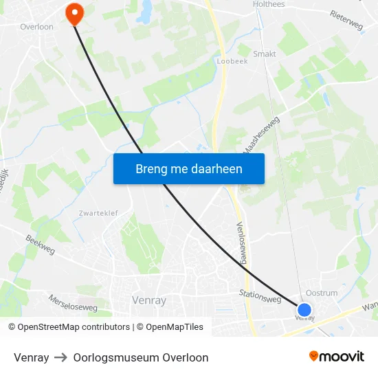 Venray to Oorlogsmuseum Overloon map