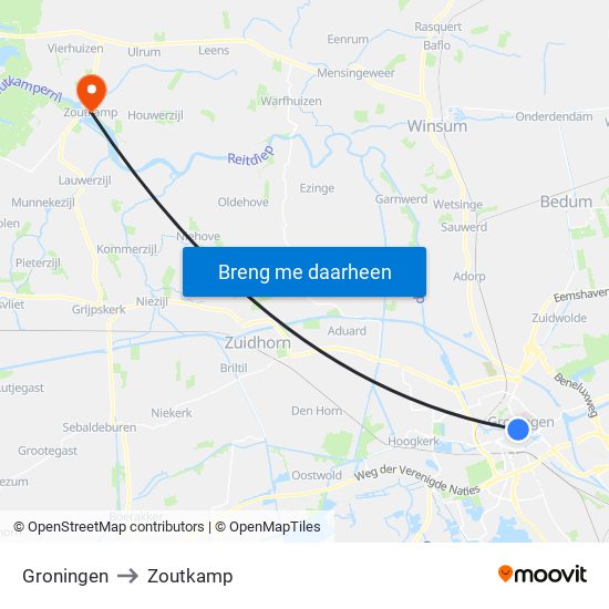 Groningen to Zoutkamp map