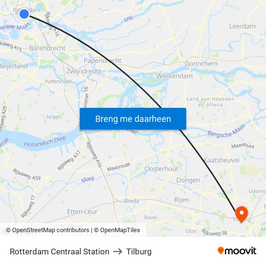 Rotterdam Centraal Station to Tilburg map