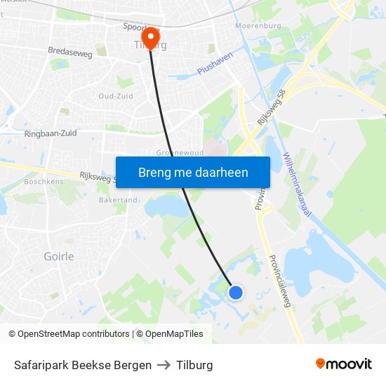 Safaripark Beekse Bergen to Tilburg map