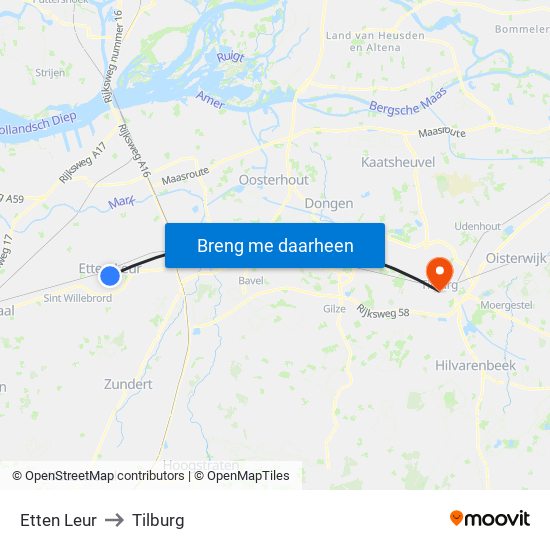 Etten Leur to Tilburg map