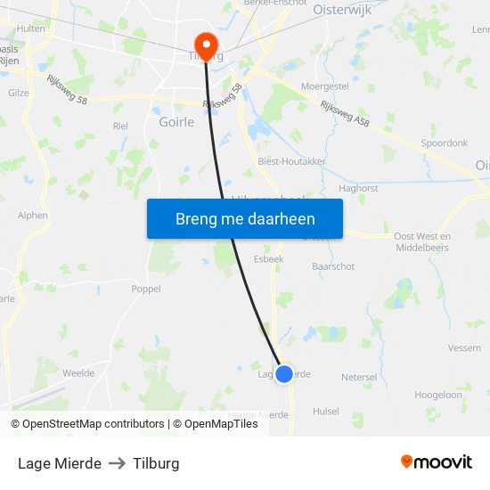 Lage Mierde to Tilburg map
