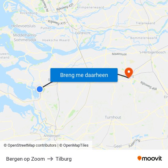Bergen op Zoom to Tilburg map