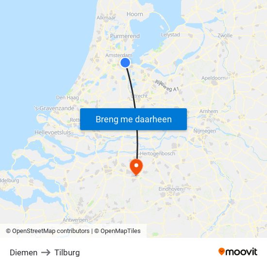 Diemen to Tilburg map