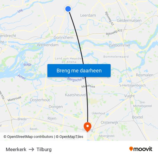 Meerkerk to Tilburg map