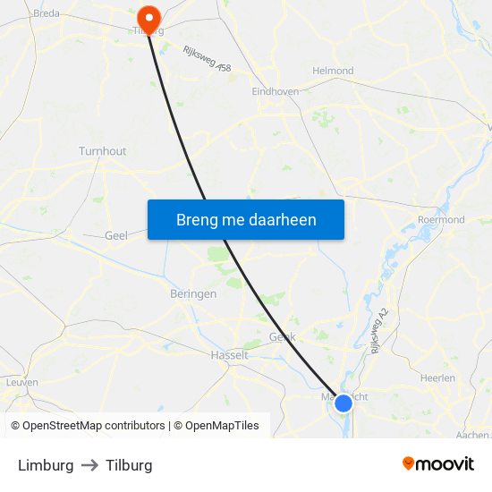 Limburg to Tilburg map