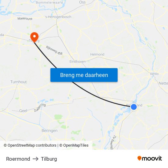 Roermond, Neerstraat to Tilburg map
