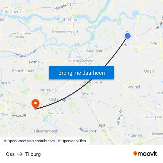 Oss to Tilburg map