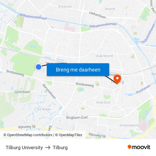Tilburg University to Tilburg map