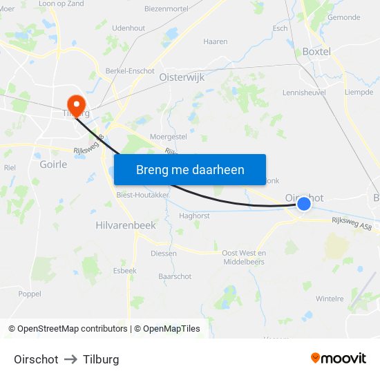 Oirschot to Tilburg map