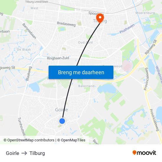 Goirle to Tilburg map