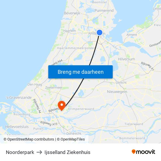 Noorderpark to Ijsselland Ziekenhuis map