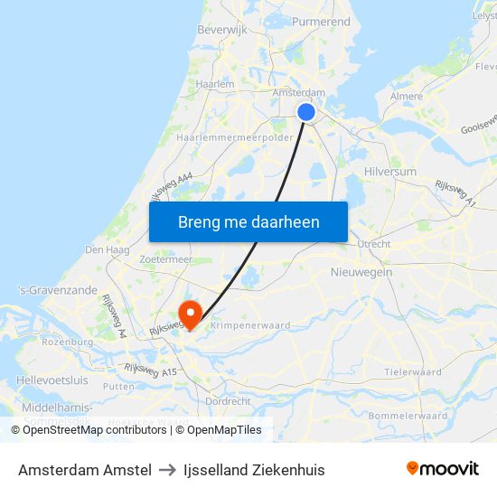 Amsterdam Amstel to Ijsselland Ziekenhuis map